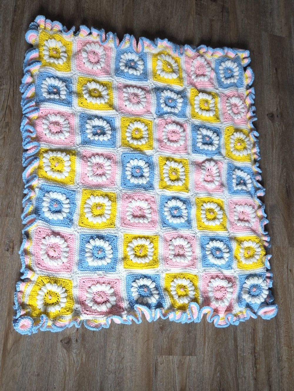 Handmade Crochet Baby Blanket - Pastel Blue Pink Yellow